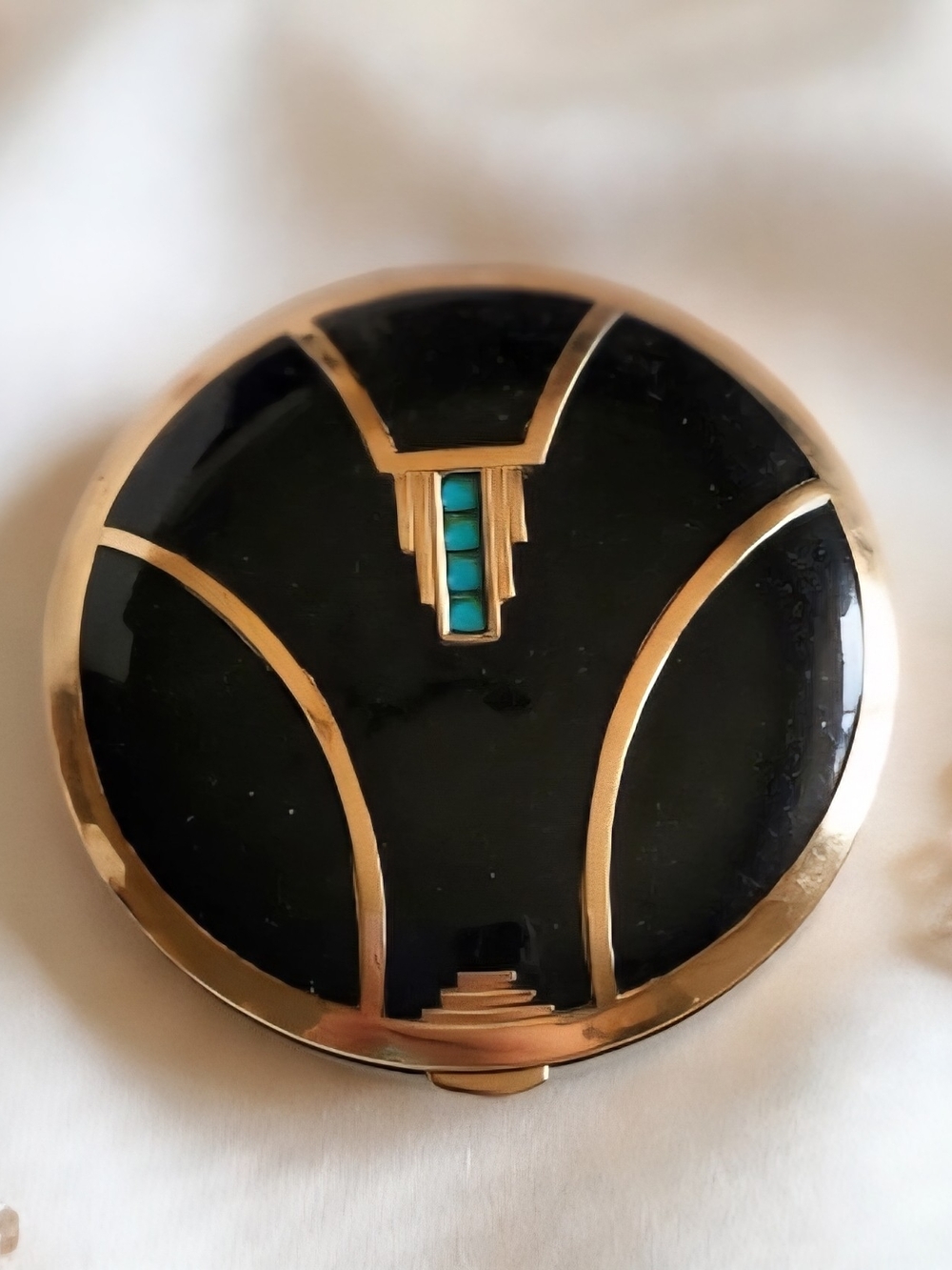 Antique Black and Gold Enamel Art Deco Compact with Rhinestone Accents